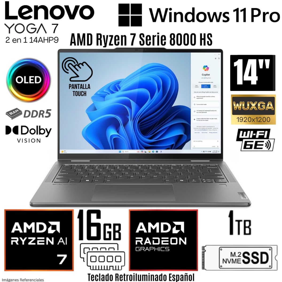LENOVO - Laptop Lenovo Yoga 7 2 en 1 14AHP9 AMD Ryzen 7 8840HS 16GB RAM 1TB SSD 14"  WUXGA OLED TOUCH