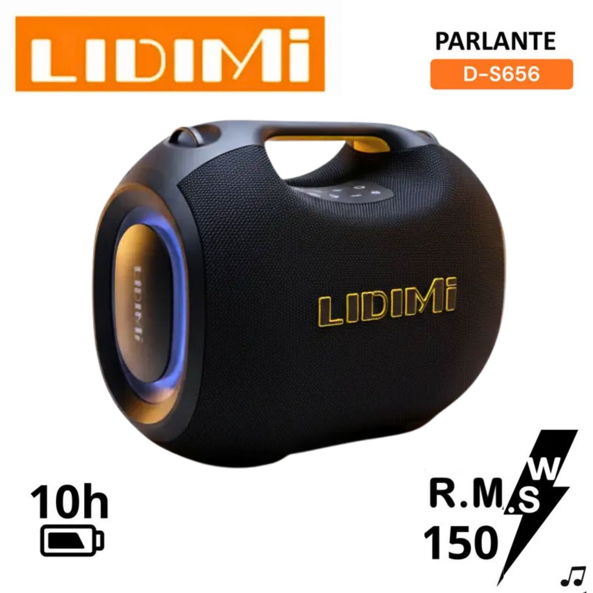 LIDIMI - PARLANTE PORTÁTIL LIDIMI 150W D-S656 BLUETOOTH USB TF AUX TWS RGB LATERAL NEGRO