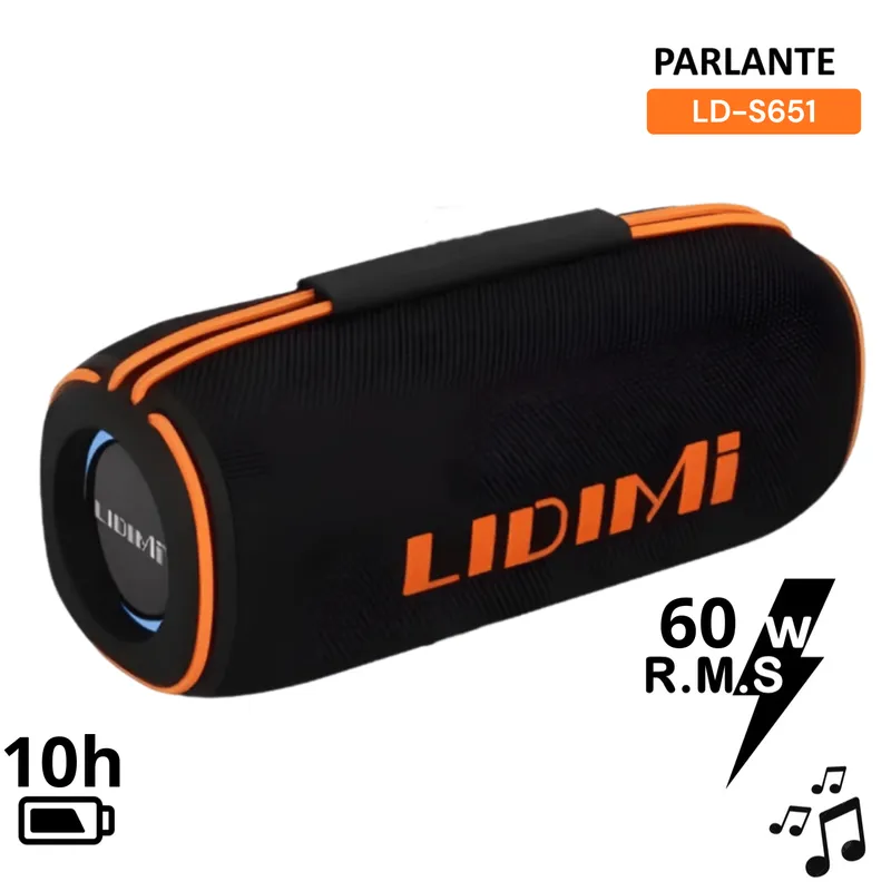 LIDIMI - Parlante Portátil LIDIMI 60W LD-S651 BLUETOOTH USB TF FM AUX TWS RGB LATERAL NEGRO