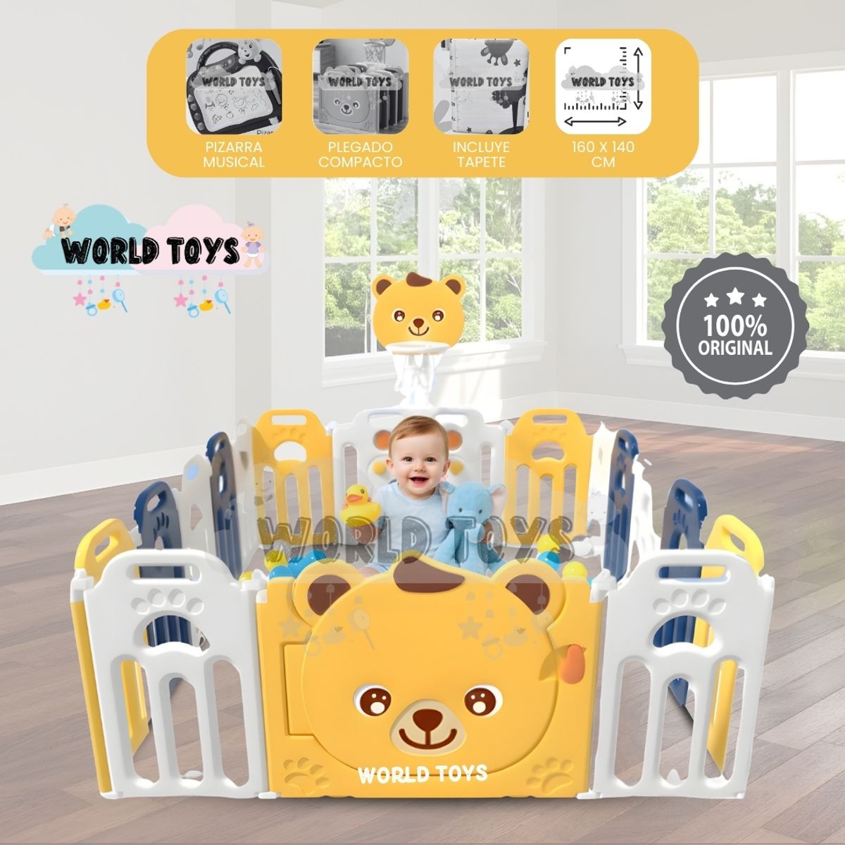 BABY - Corral Interactivo con Alfombra Plegable «TEDDY» Yellow