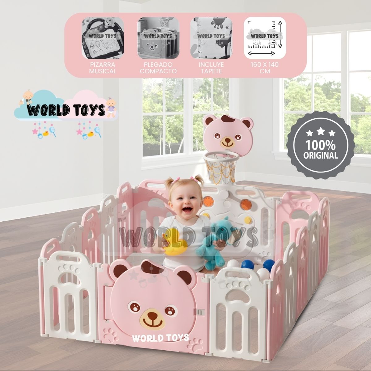 BABY - Corral Interactivo con Alfombra Plegable «TEDDY» Pink