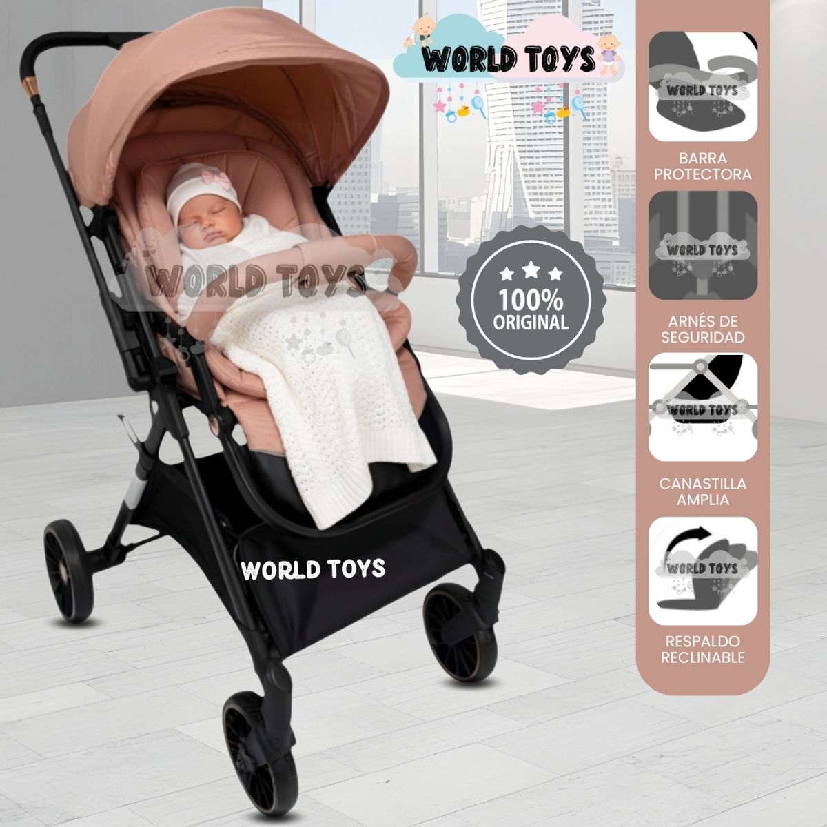 BABY - Coche Maleta de Lujo «CRONOS» Mango Reversible Pink