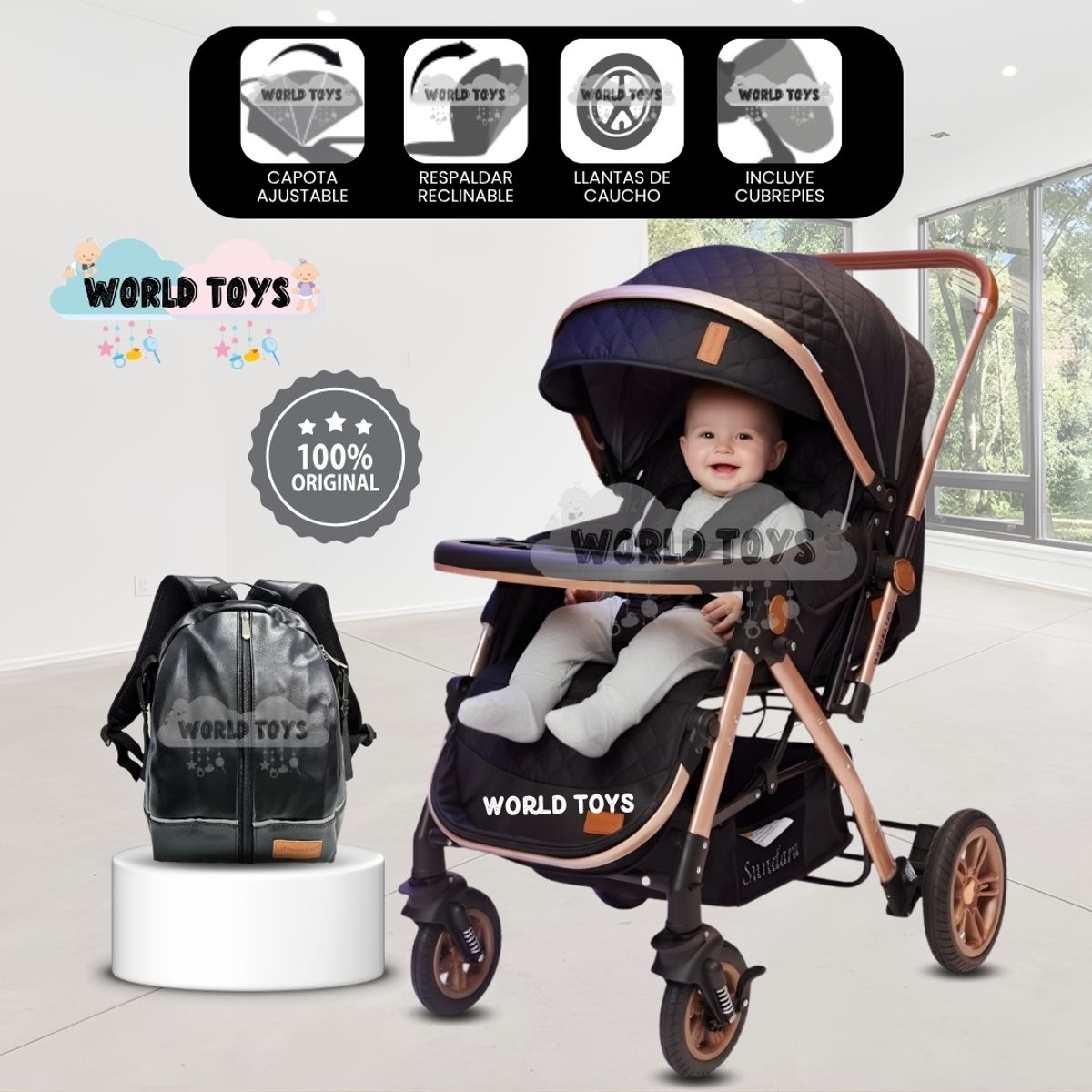 BABY - Coche Cuna De Lujo «SUNDARA PREMIUM» con Mochila Black