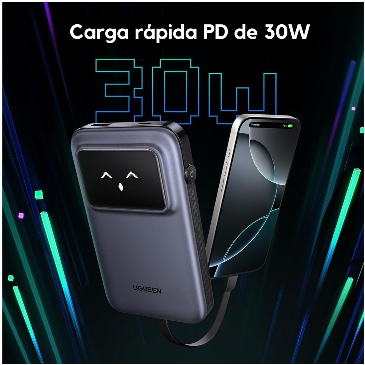 UGREEN - UGREEN Uno Power Bank 10000 mAh 30 W con Cable USB-C Integrada