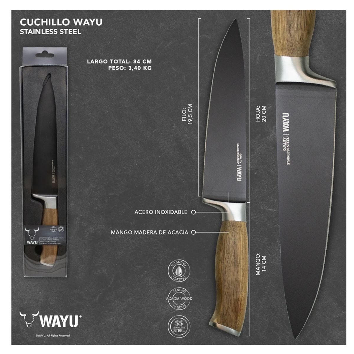 WAYU - CUCHILLO WAYU CON MANGO DE MADERA ACACIA