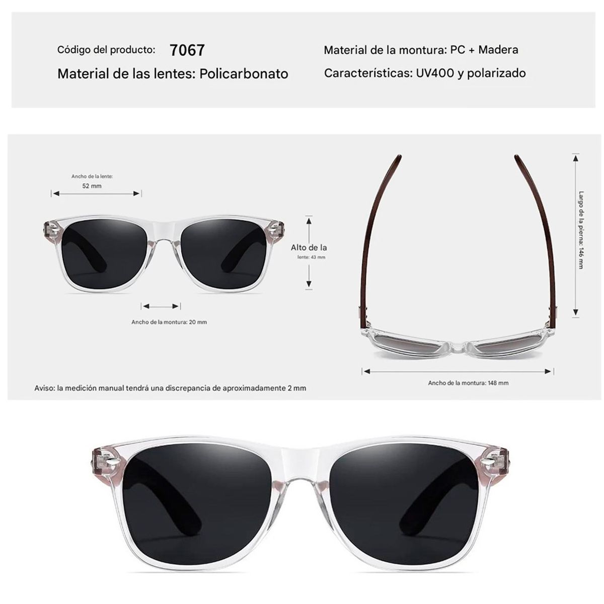 GENERICO - Lentes Gm Polarizado Proteccion Uv400 Varilla De Nogal Mujer