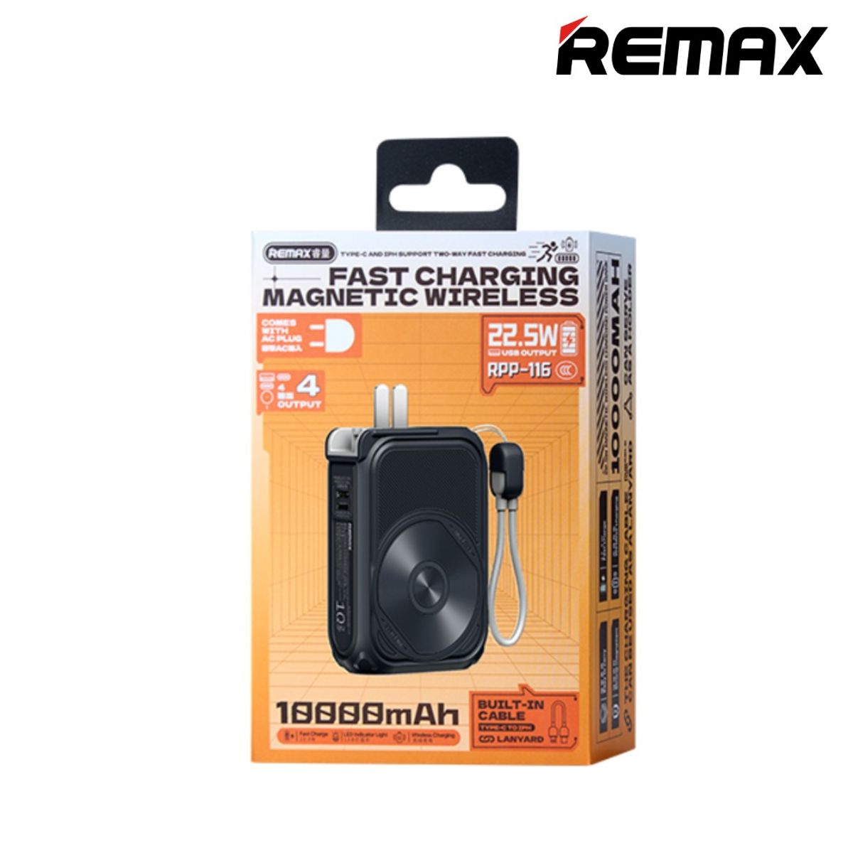 REMAX - Power Bank 10000mAh Inalámbrico Magnético 15W Con Cable y Enchufe Remax RPP-116