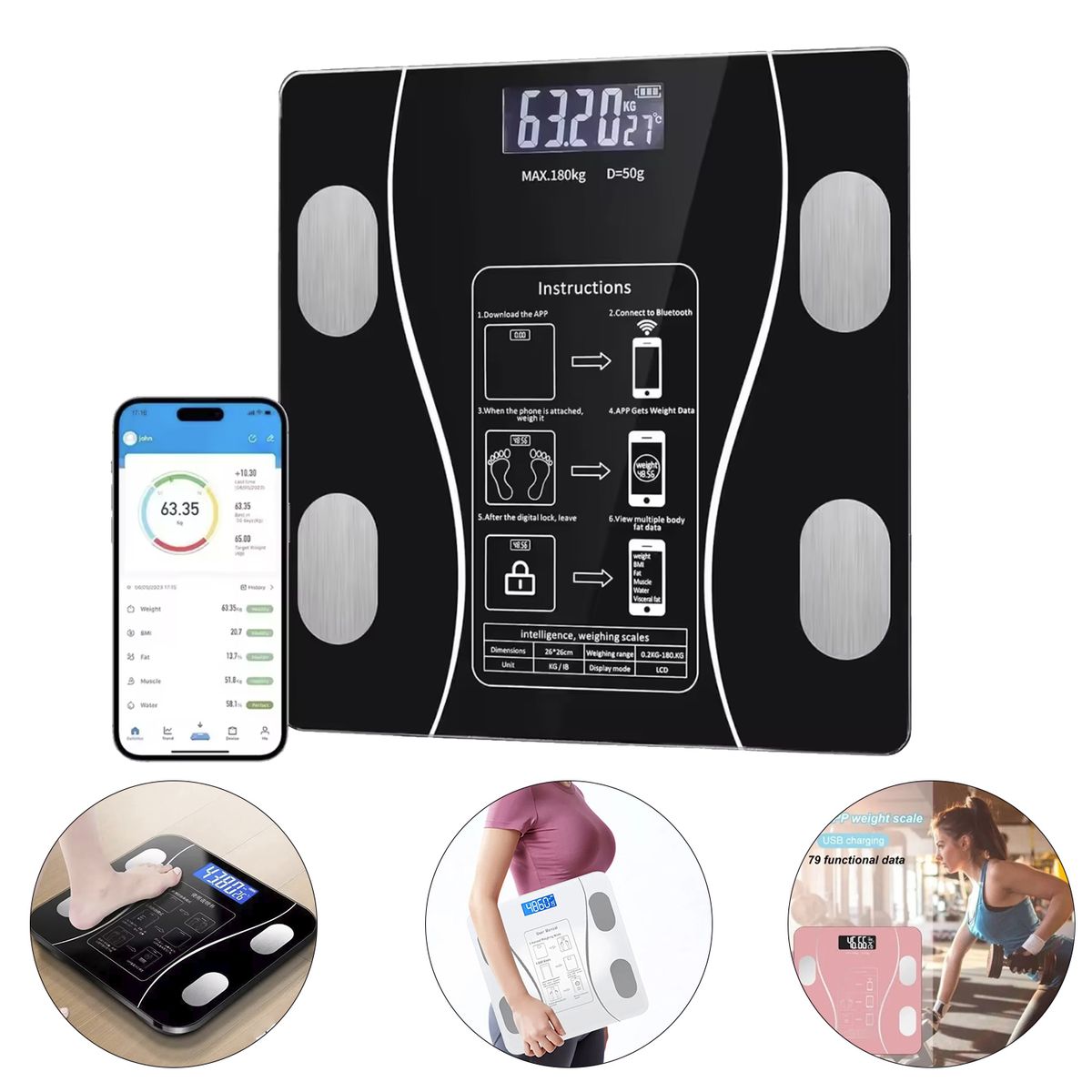 GENERICO - Balanza Báscula Digital Inteligente con Bluetooth  Controla Tu Peso y Salud Desde Tu Celular - Negro