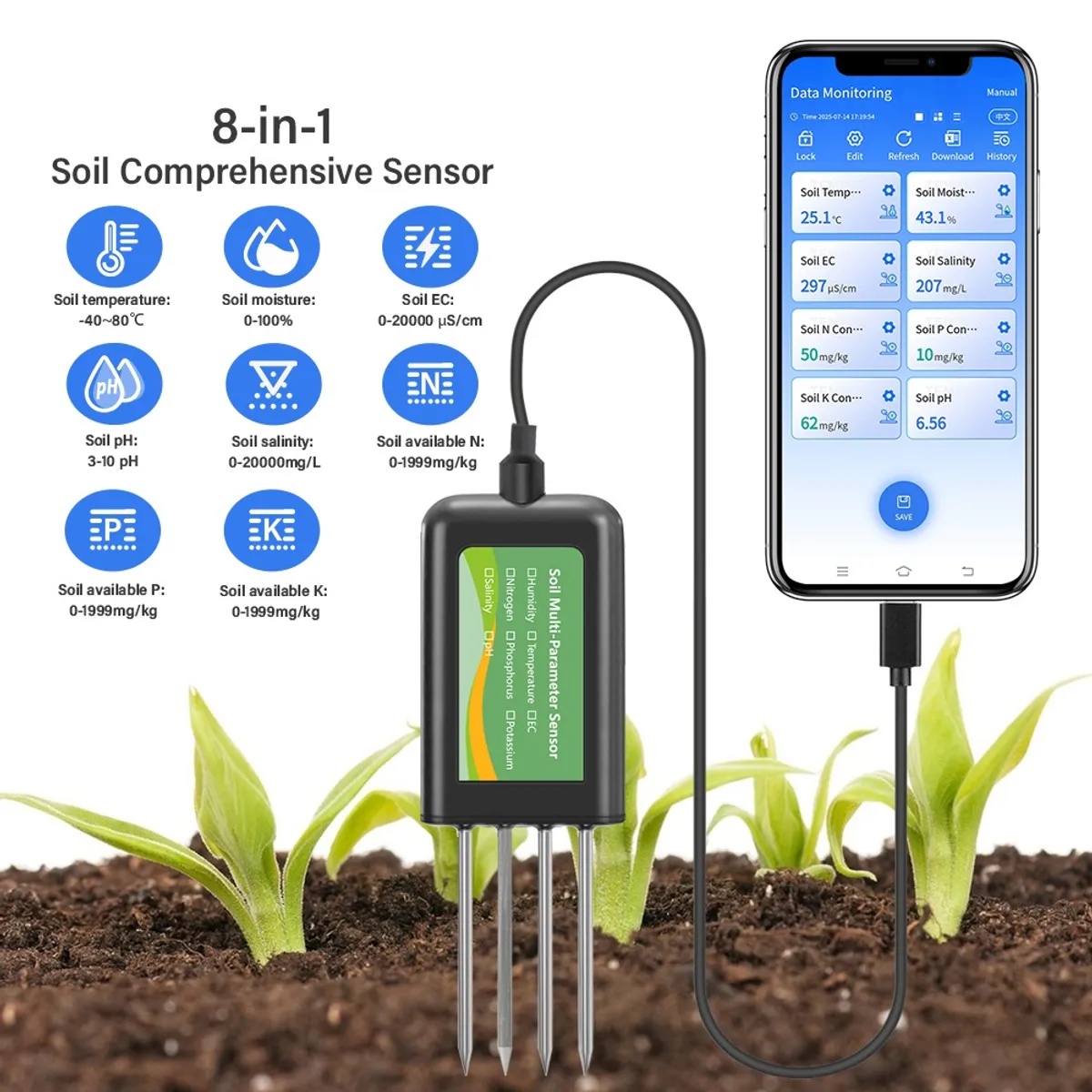 OEM - Medidor Digital de Suelo 8 en 1 Multiparámetro PH Nitrógeno Potasio Fósforo Conductividad Humedad