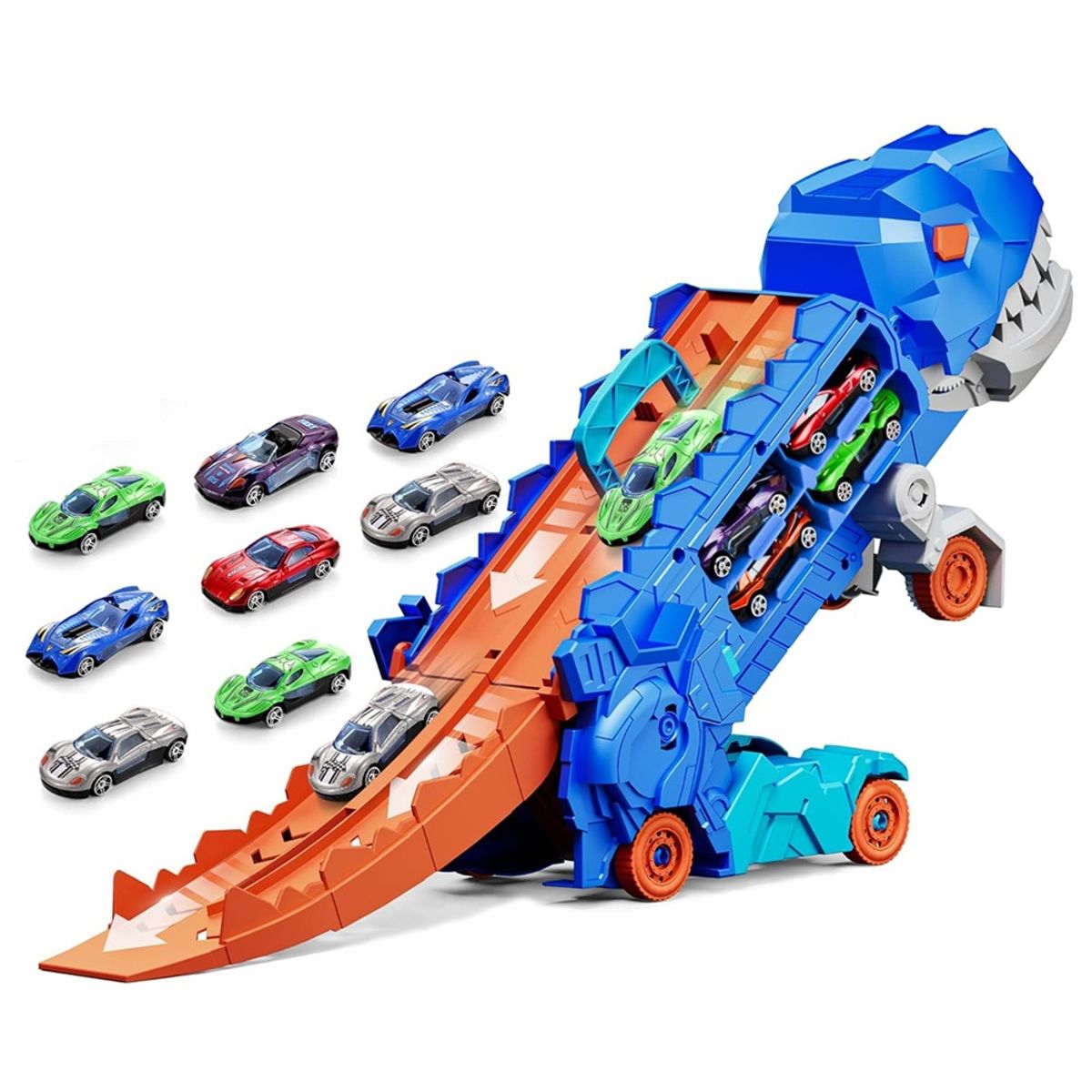 GENERICO - Pista Remolque Transportador Dino T-Rex Azul Come Autos 2 en 1