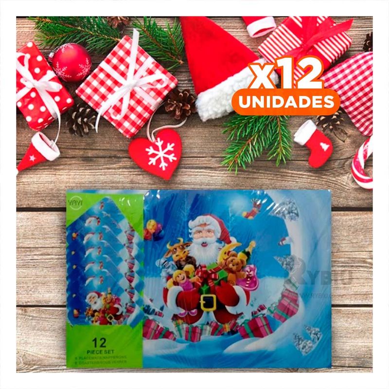 SKYBLOO - Pack12 Kit 6 Resistente Individuales y Posavasos Navideno de Santa con Regalos Y+Regalo Sticker