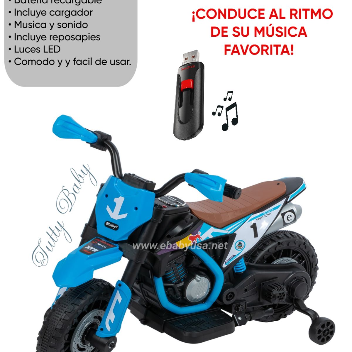EBABY - MOTO ELECTRICA CON BATERIA - MUSICAL Y LUCES LED - AZUL