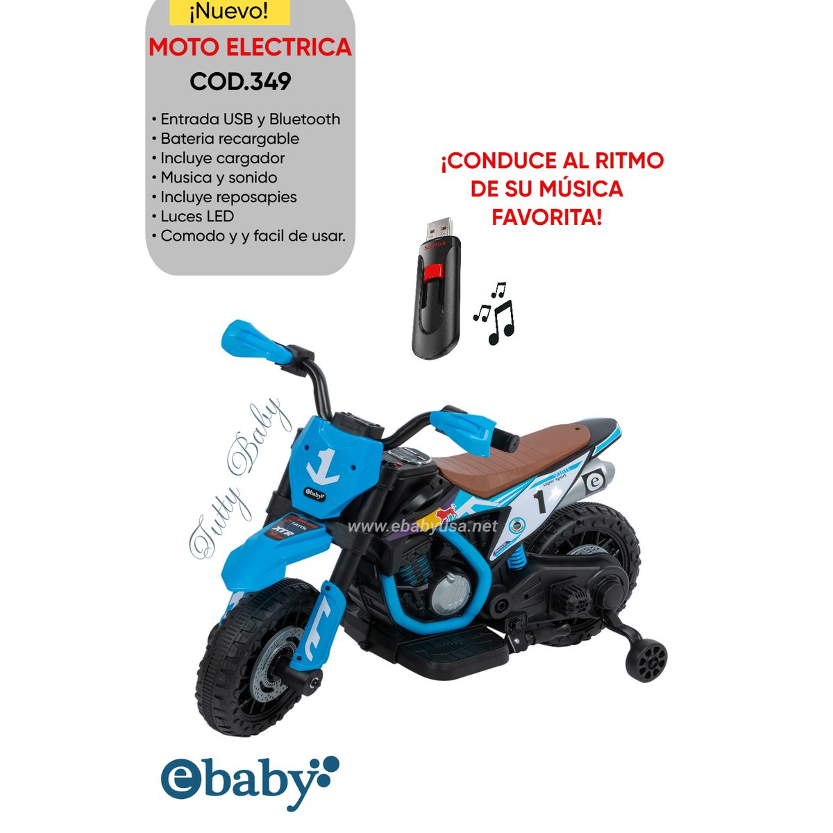 EBABY - MOTO ELECTRICA CON BATERIA - MUSICAL Y LUCES LED - AZUL