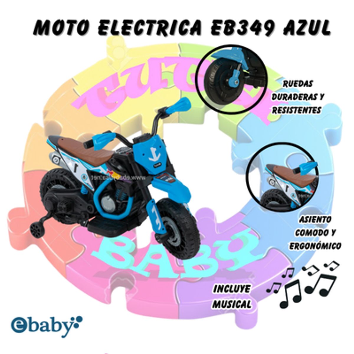 EBABY - MOTO ELECTRICA CON BATERIA - MUSICAL Y LUCES LED - AZUL