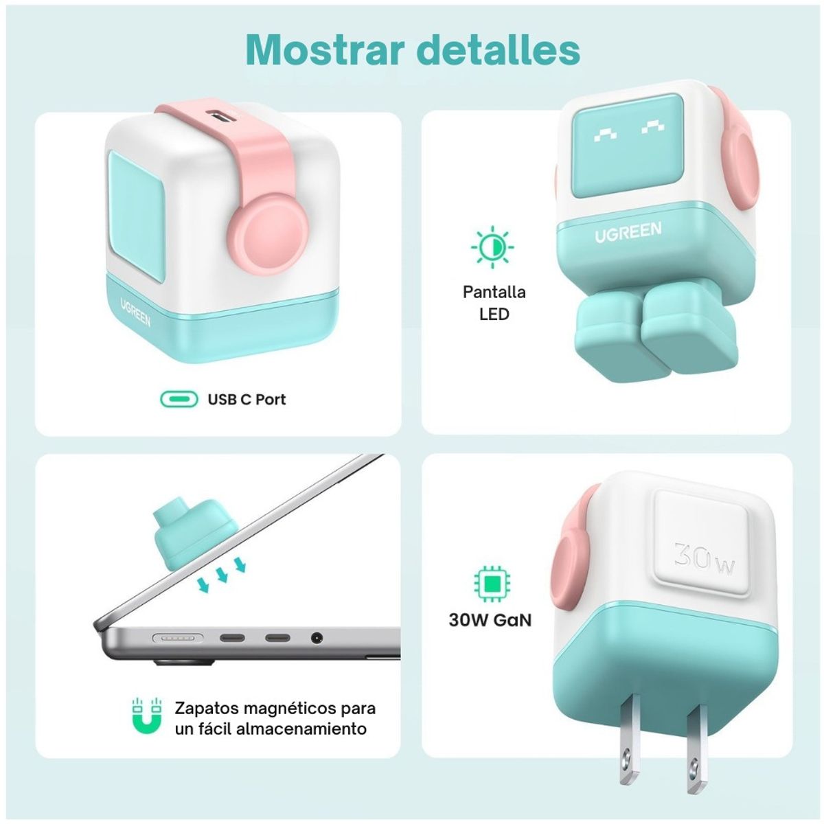 UGREEN - Cargador Ugreen Robot 30W GaN Fast Charger Carga Rápida Pink Blue
