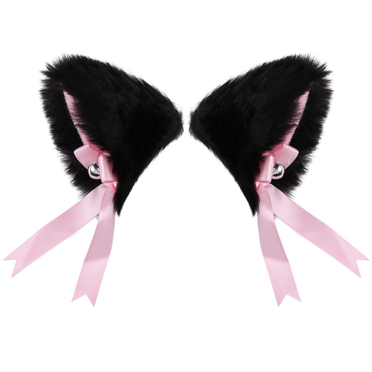 GENERICO - GANCHOS PARA CABELLO COSPLAY ANIME OREJAS KAWAII DE GATO CON CASCABEL Y MOÑO ROSA