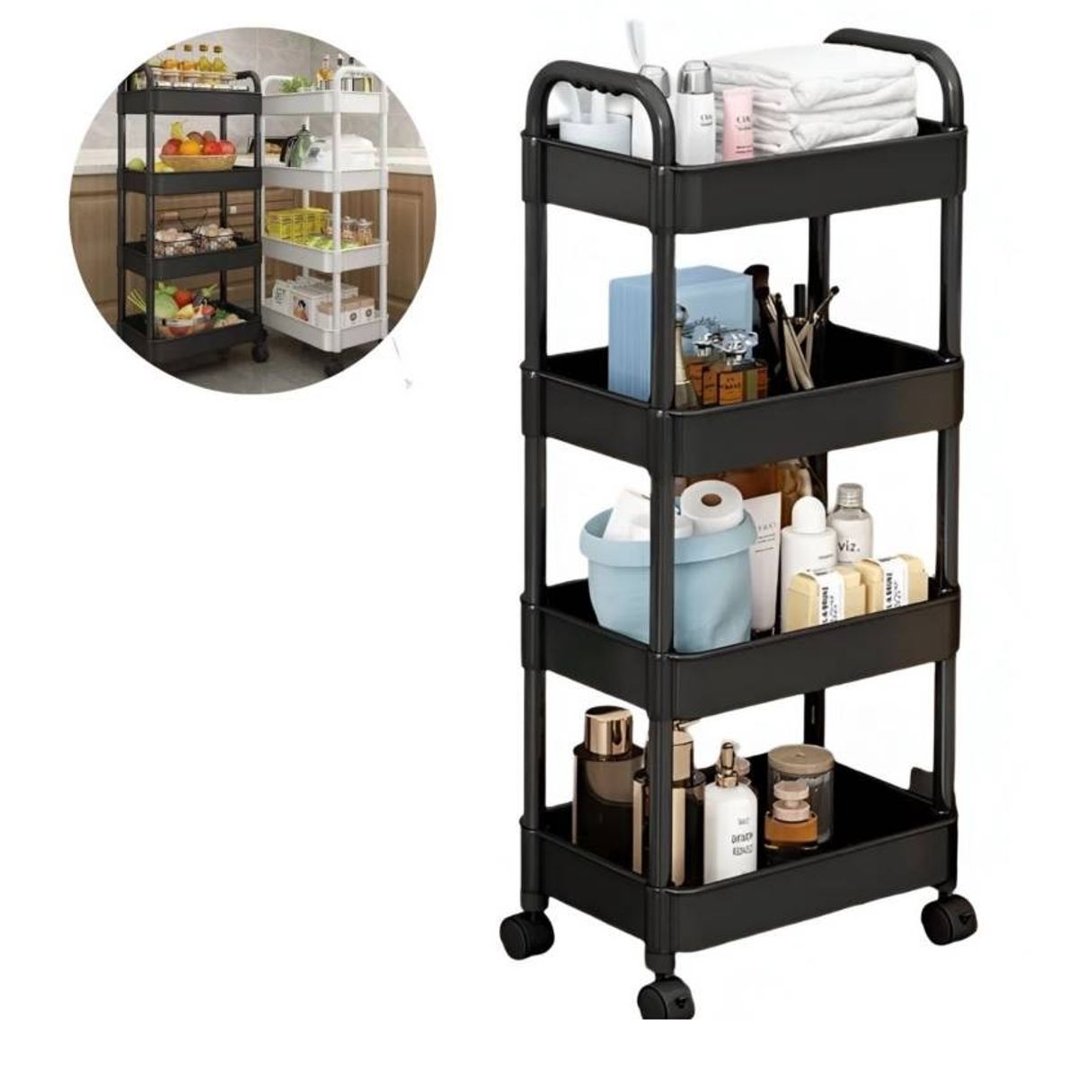 GENERICO - Estante Organizador Multiuso 97 x 35 cm de 4 Niveles Con Asas y Ruedas Negro