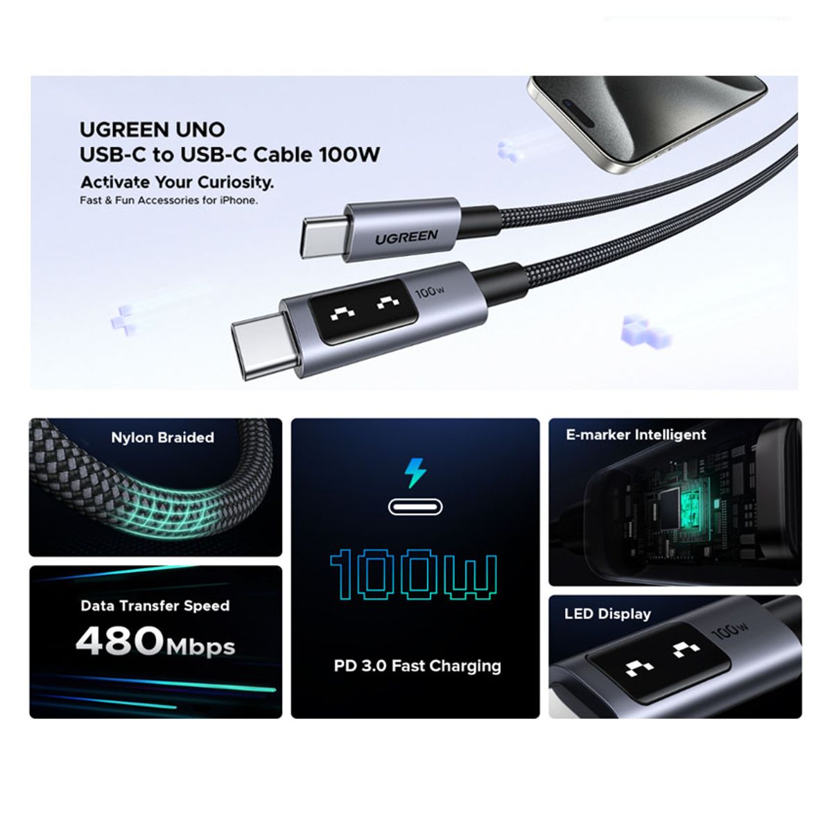 UGREEN - Cable UGREEN USB-C A USB-C 100W para iPhone 17 MacBook iPad Galaxy