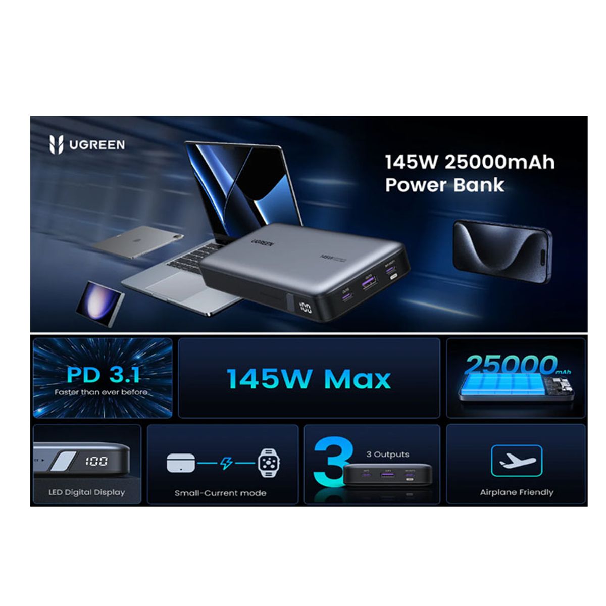 UGREEN - PowerBank Ugreen 25000mAh 145w QC+PD Para iPhone 17 Macbook Xiaomi