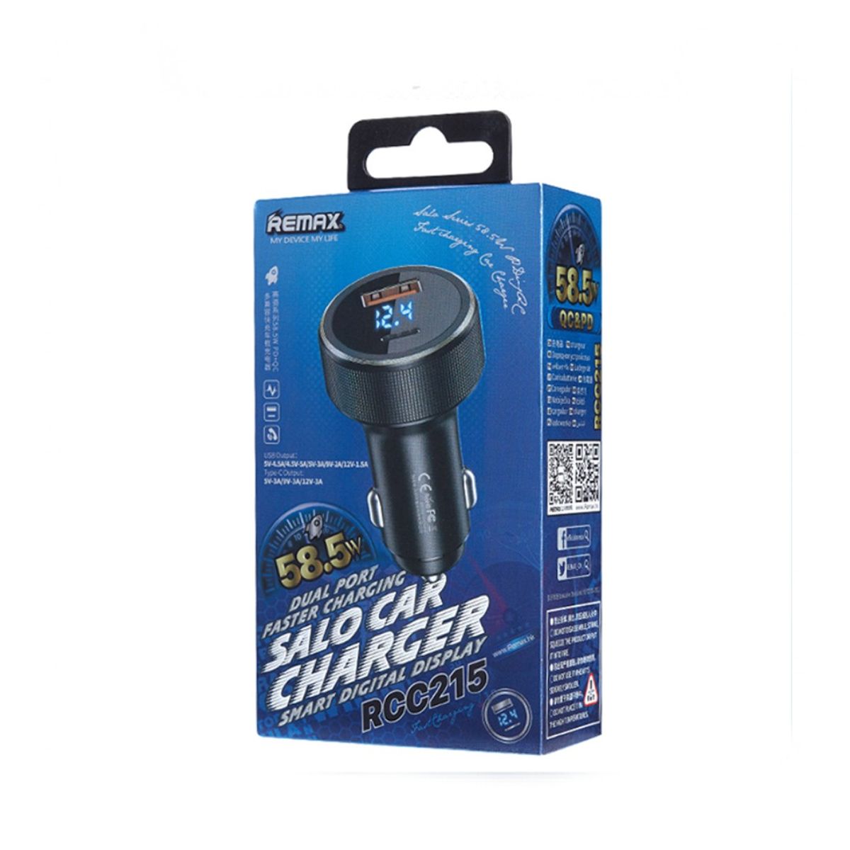REMAX - Cargador De Auto 585W Remax RCC215 Con Conector USB Tipo-A y Tipo-C