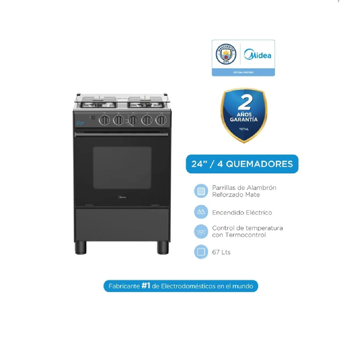 MIDEA - COCINA DE PIE MIDEA A GAS 4 HORNILLAS NEGRO - MGS24FS2LFABBC-PE