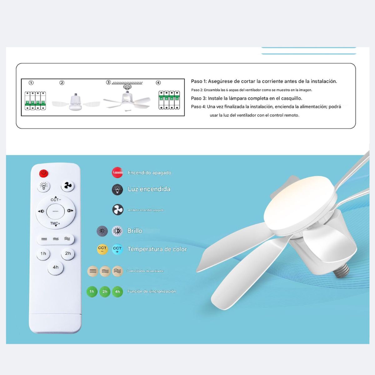GENERICO - LAMPARA LED, luz  CON VENTILADOR SILENCIOSO, luz led control remoto  DE 30W