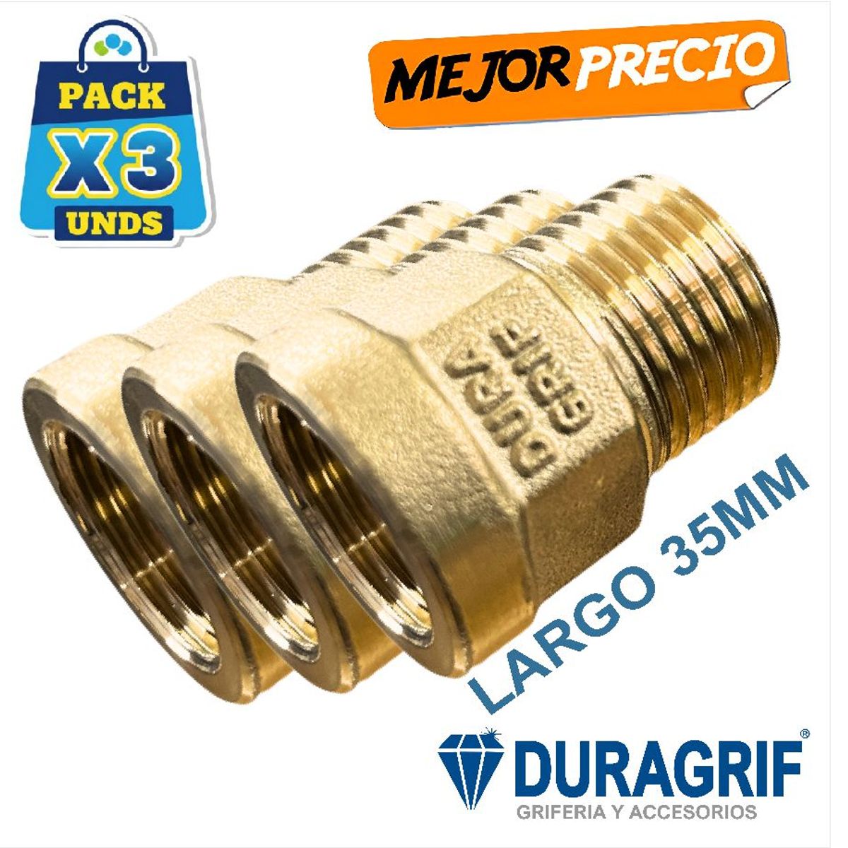 DURAGRIF - Pack de Acoples Corto Bronce Pesado 1/2" Para Instalación Sanitaria - 3 Piezas - Duragrif