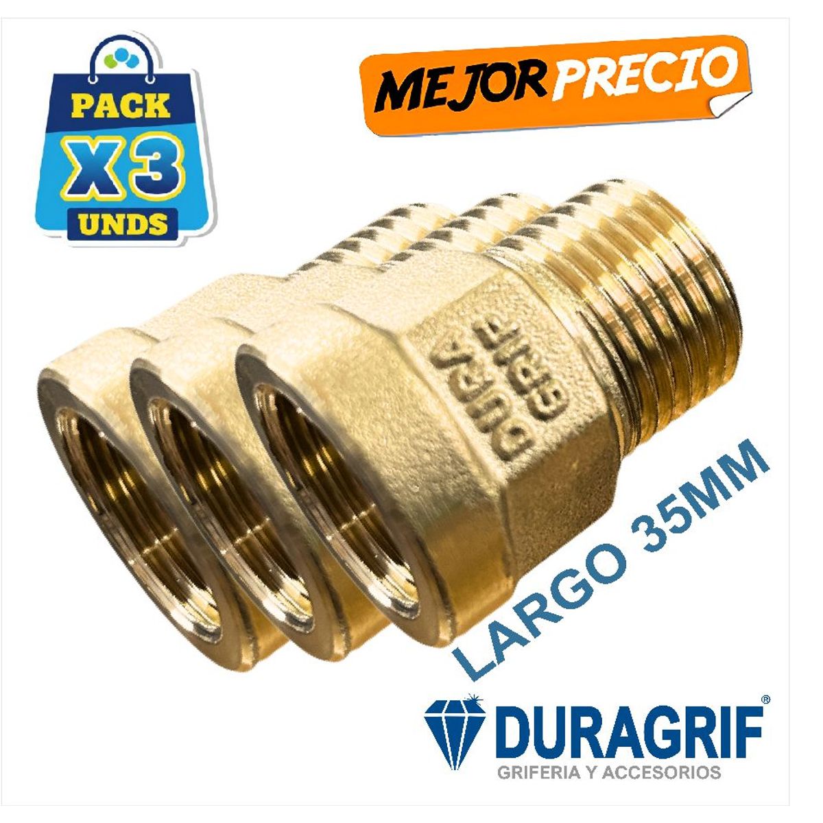 DURAGRIF - Pack de Acoples Corto Bronce Pesado 1/2" Para Instalación Sanitaria - 3 Piezas - Duragrif