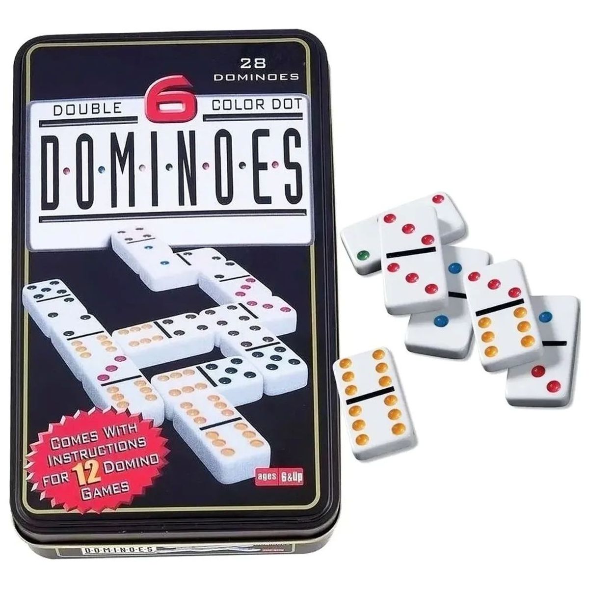 GENERICO - Dominó Doble 6 de Lujo con Puntos de Colores Caja Metálica
