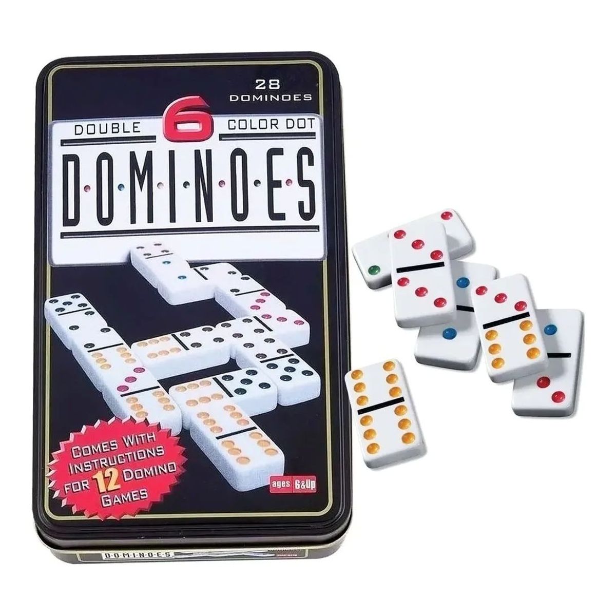 GENERICO - Dominó Doble 6 de Lujo con Puntos de Colores Caja Metálica