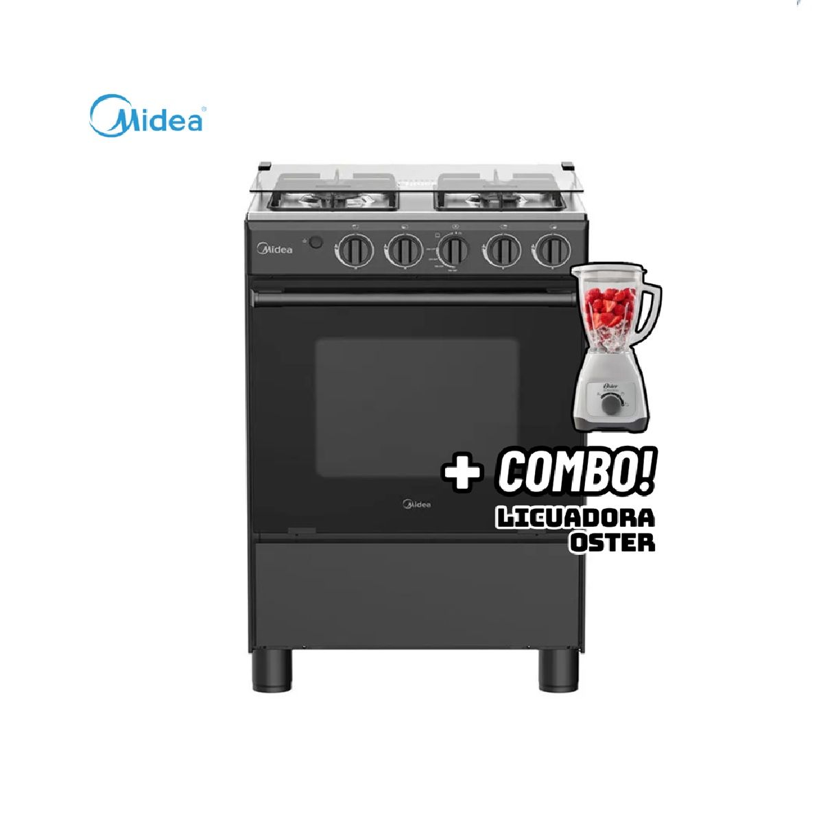MIDEA - COCINA DE PIE MIDEA A GAS 4 HORNILLAS NEGRO - MGS24FS2LFABBC-PE + LICUADORA OSTER BLANCA