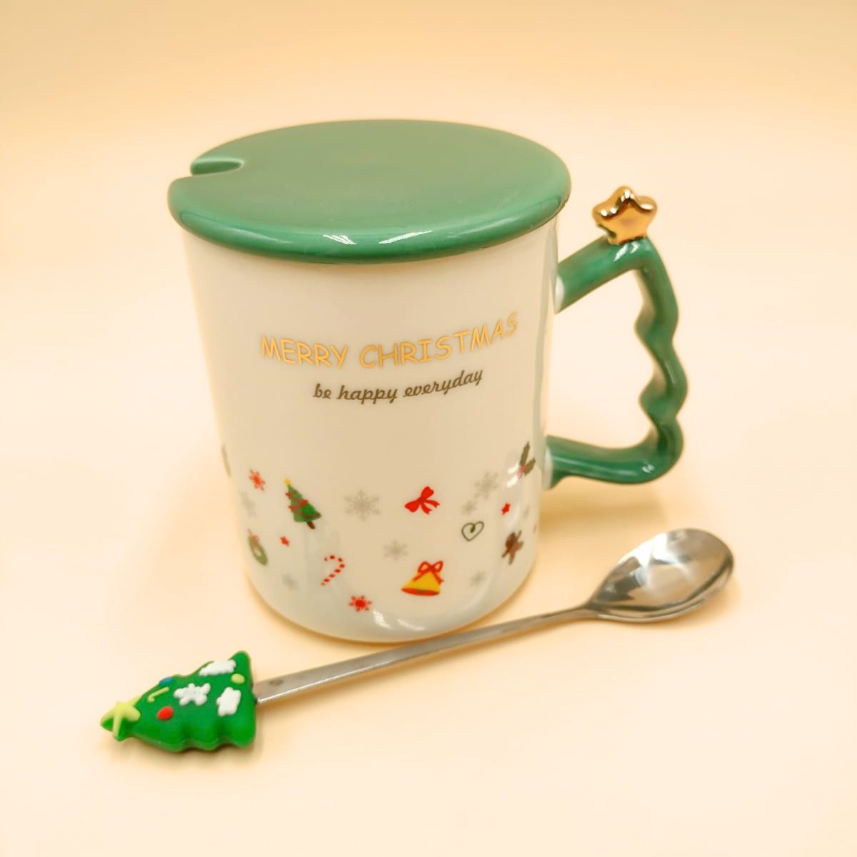 GENERICO - Taza Navideña Blanca y Verde con Tapa y Cuchara – 370 ml