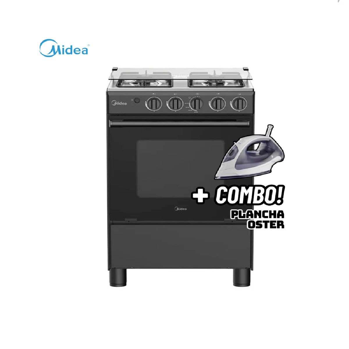 MIDEA - COCINA DE PIE MIDEA A GAS 4 HORNILLAS NEGRO - MGS24FS2LFABBC-PE + PLANCHA OSTER