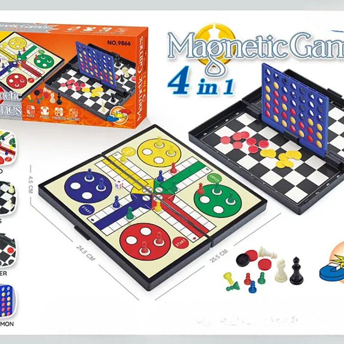 GENERICO - Juego De Tablero Magnetico 4 en 1  Ludo, Ajedrez, Damas y Backgammon