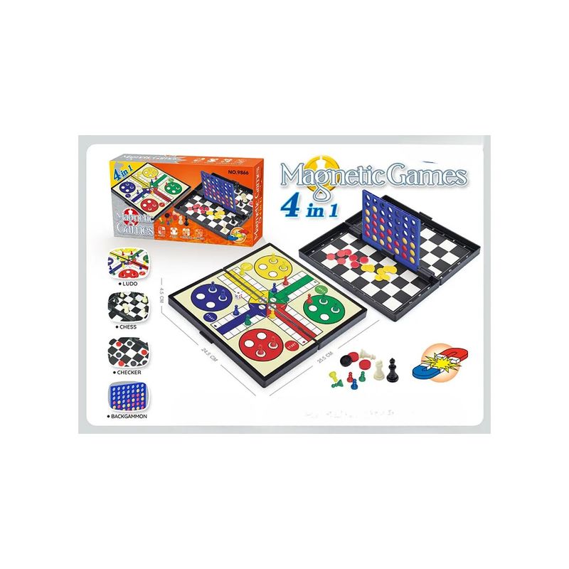 GENERICO - Juego De Tablero Magnetico 4 en 1  Ludo, Ajedrez, Damas y Backgammon