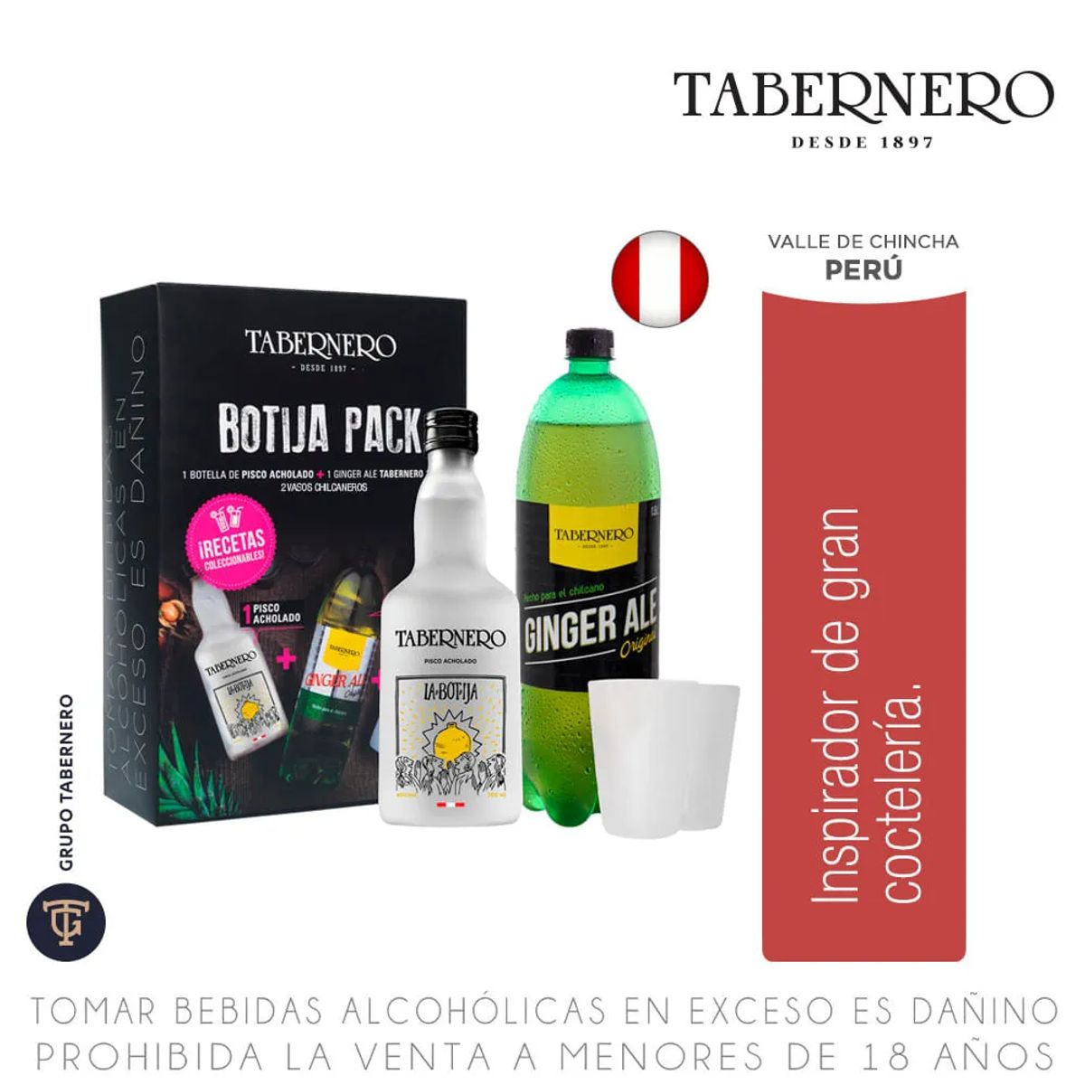 TABERNERO - Pack Botija Acholado 700ml + 1 Ginger + 2 vasos