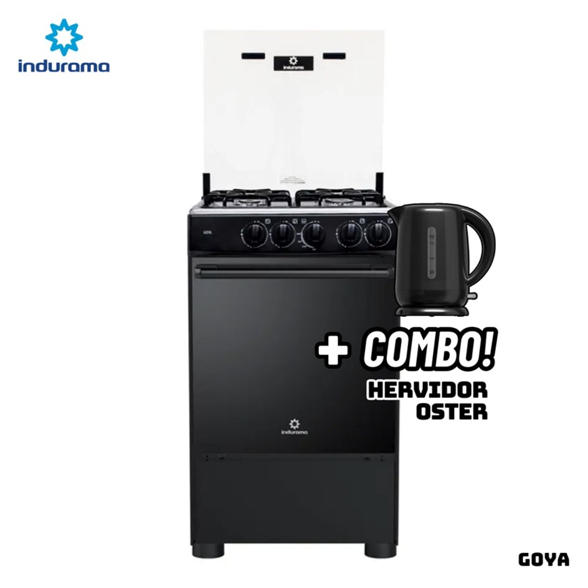 INDURAMA - COCINA DE PIE INDURAMA A GAS 4 HORNILLAS - GOYA + HERVIDOR OSTER NEGRO