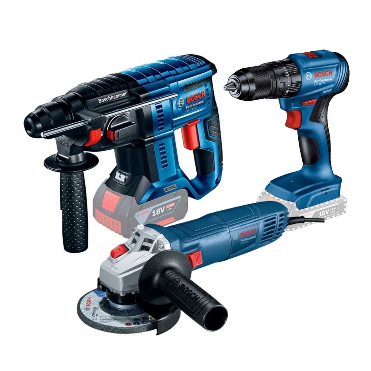 BOSCH - Rotomartillo GBH 180 + Taladro GSB 185 + Esmeril GWS 700 Bosch + Bateria 2ah + Batería 4ah