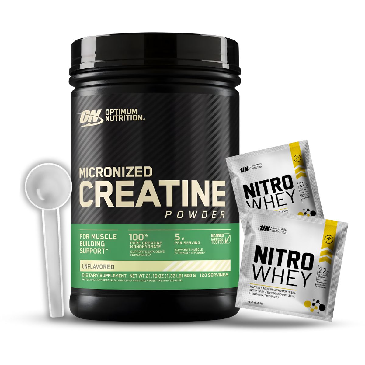 OPTIMUN NUTRITION - Creatina Optimum Nutrition 600 g - Creatina Monohidratada ON + Scoop + 2 Sachet Nitro Whey