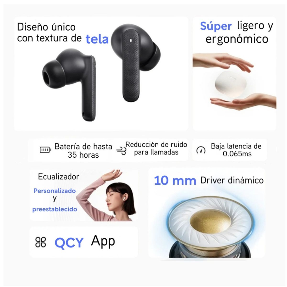 QCY - Auriculares Inalámbricos QCY Buds Bluetooth 5.3 IPX4 35h batería