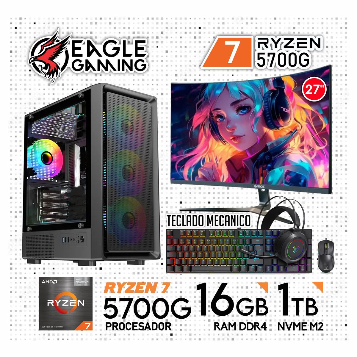 AMD - Computadora Completa Ryzen 7 5700G RAM 16GB SSD 1TB MONITOR 27" 100HZ CURVO KIT