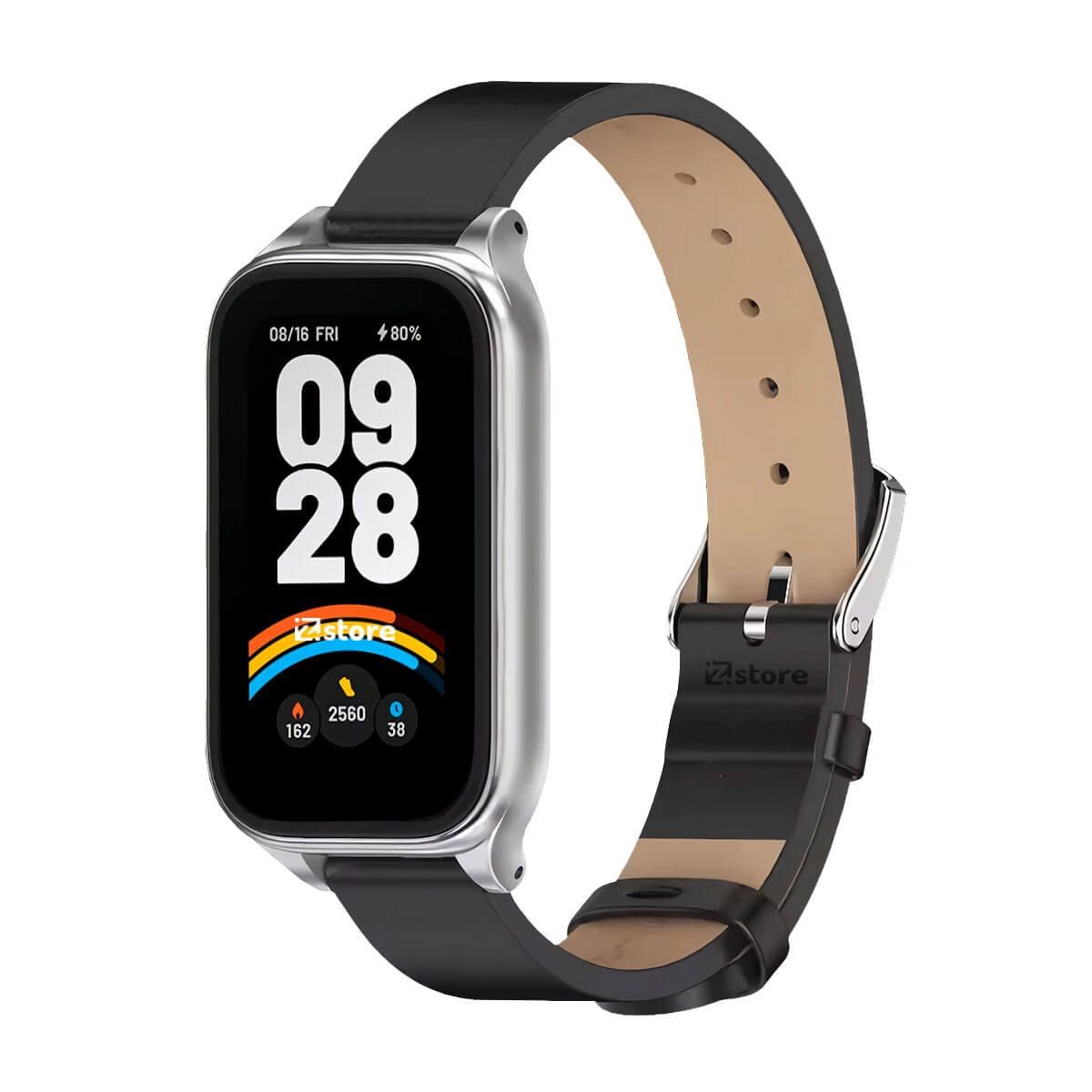 GENERICO - Correa de Cuero Para Xiaomi Mi Band 9 Active de Microfibra PU Negro CM Silver