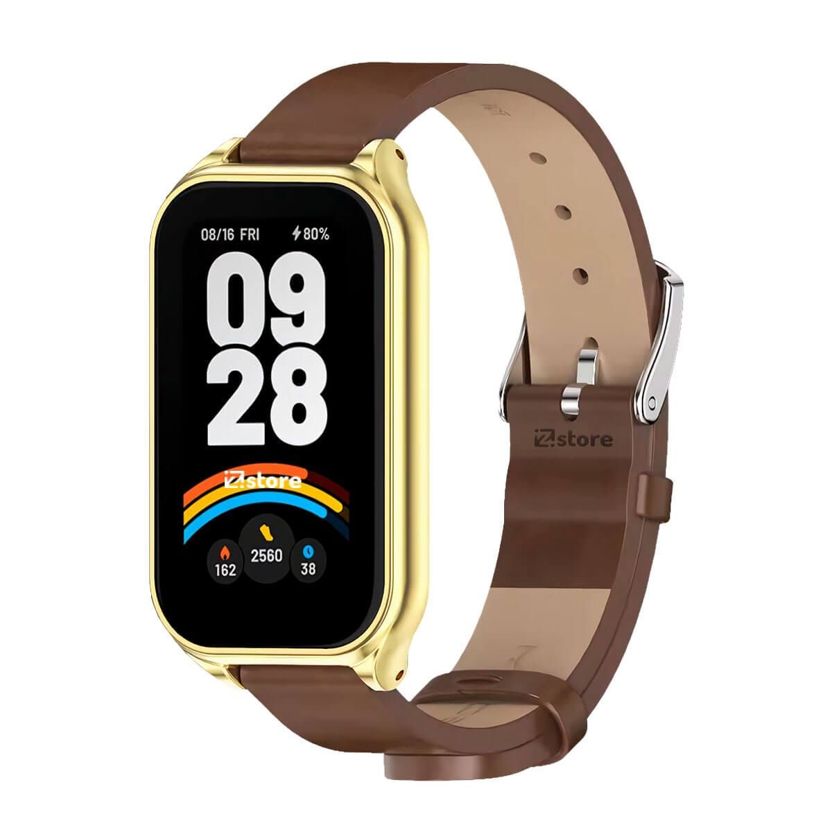 GENERICO - Correa de Cuero Para Xiaomi Mi Band 9 Active de Microfibra PU Marron CM Gold