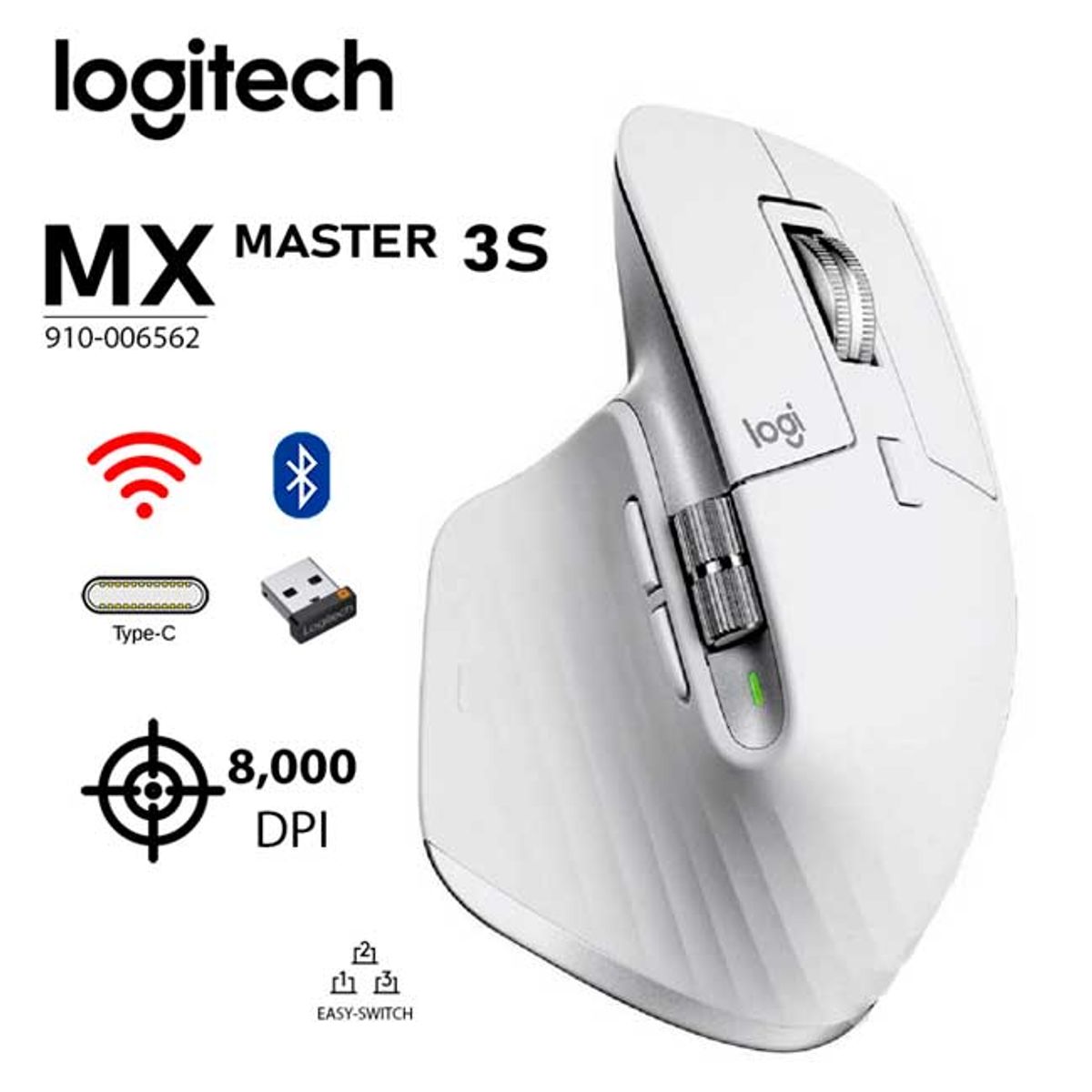 Logitech MX Master 3S  Mouse Inalámbrico y Bluetooth 8K  USB-C - Blanco, marca LOGITECH - Foto Principal