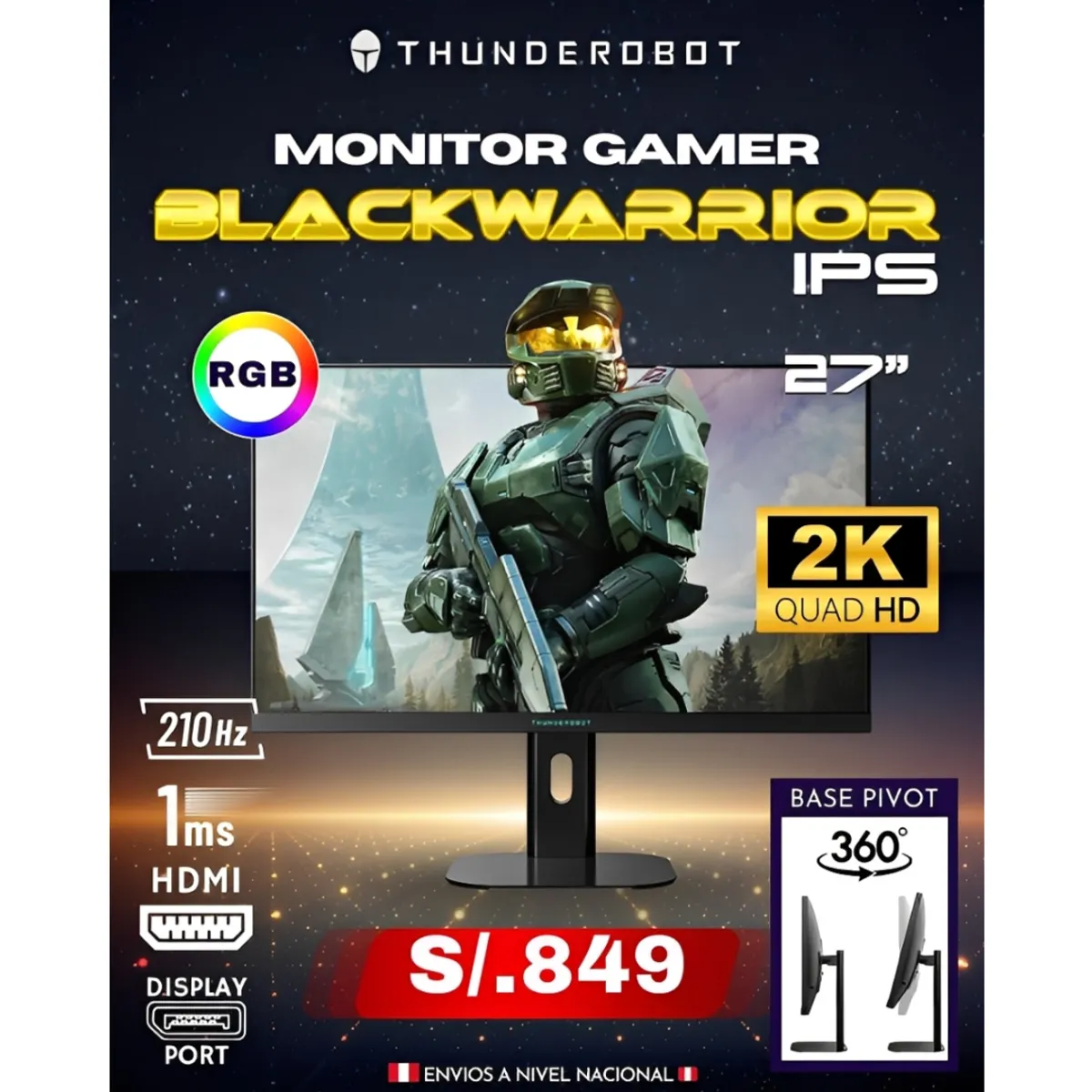 THUNDEROBOT - Monitor Gamer Thunderobot Blackwarrior 27 Pulgadas 2K QHD 200hz Fast IPS