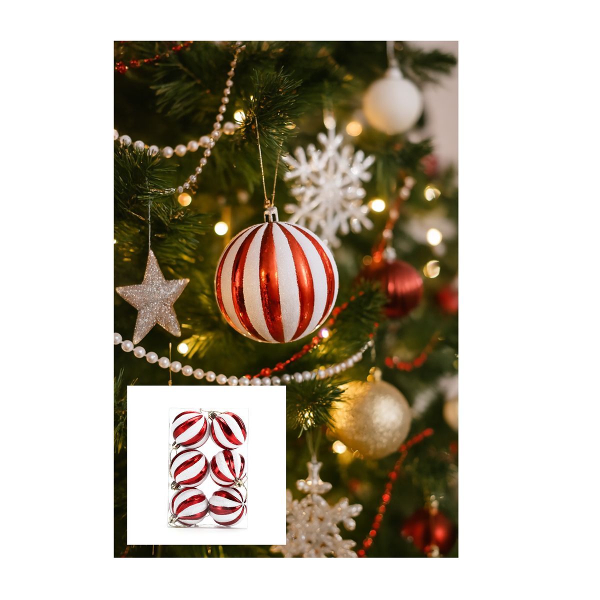 GENERICO - SET DE BOLAS DE NAVIDAD DE COLOR ROJO Y BLANCO 10 CM