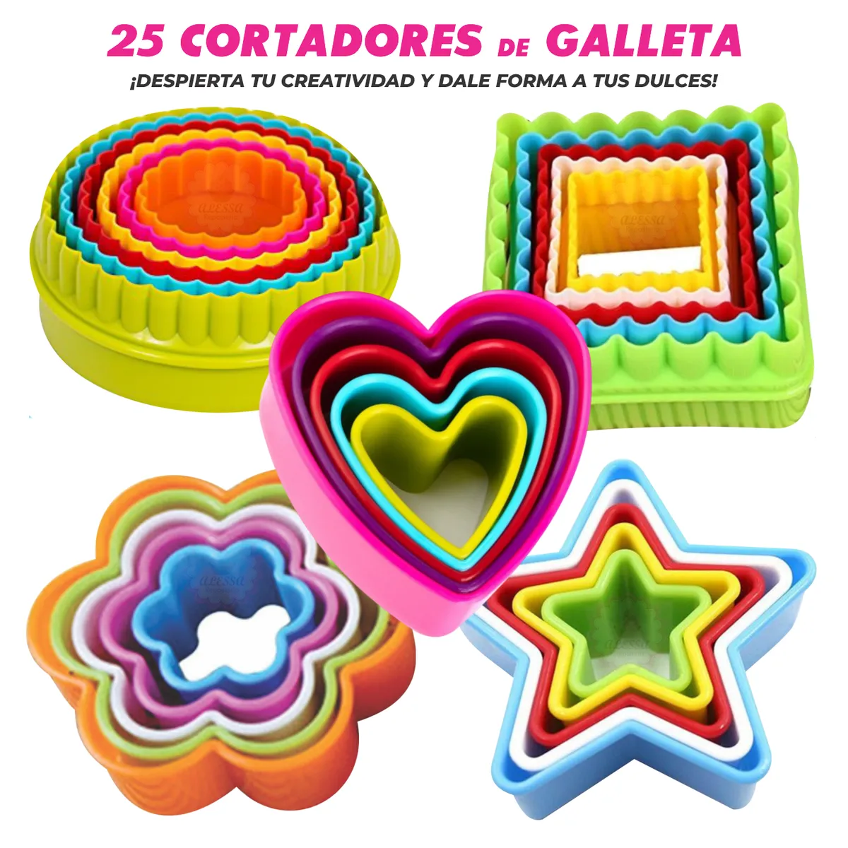 GENERICO - Set de 25 Cortadores de Galleta o Fondant con 5 formas para Repostería