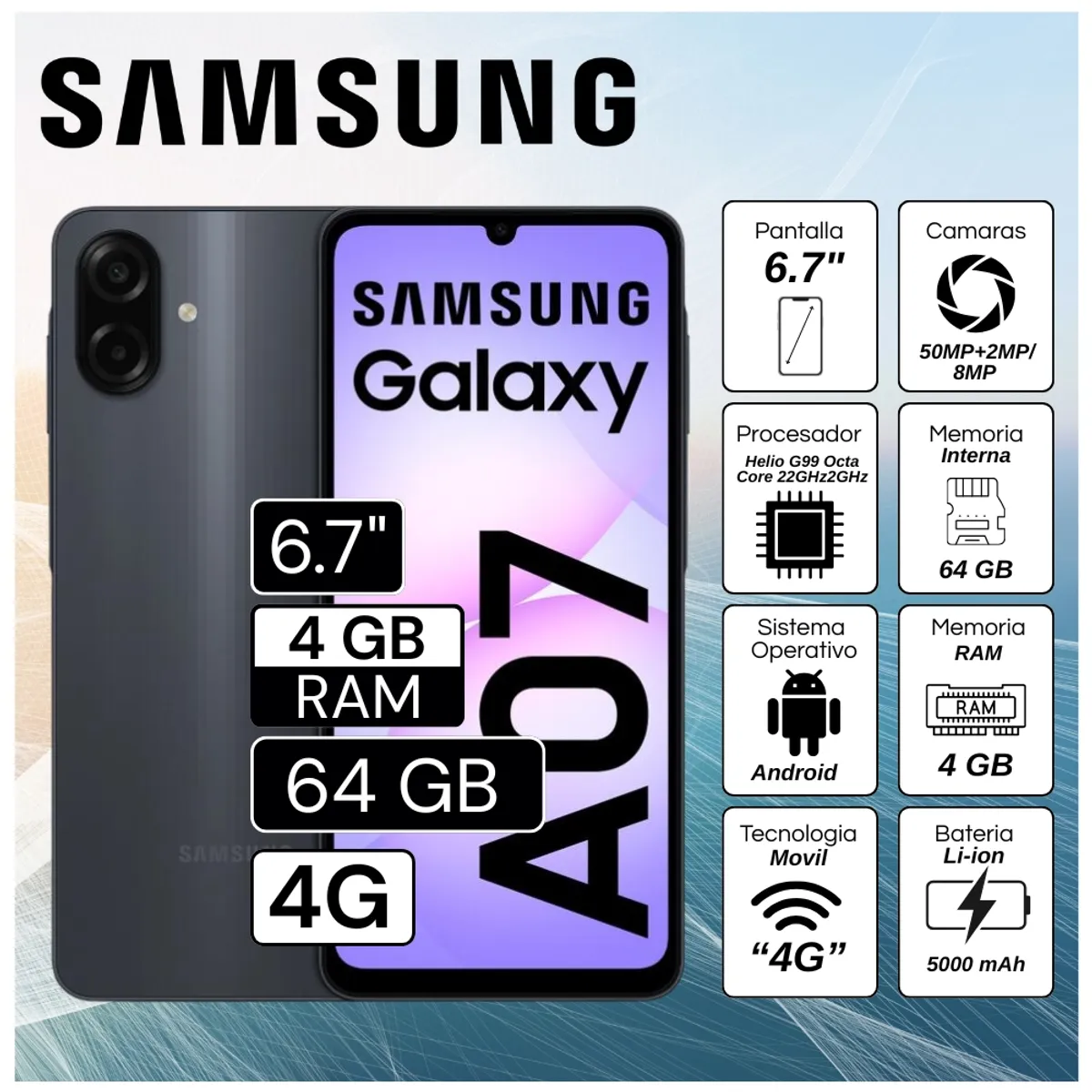 SAMSUNG - Celular Samsung Galaxy A07 4GB RAM 64GB Cámara principal 50MP + 2MP  6.7"  Pulg. HD - Negro