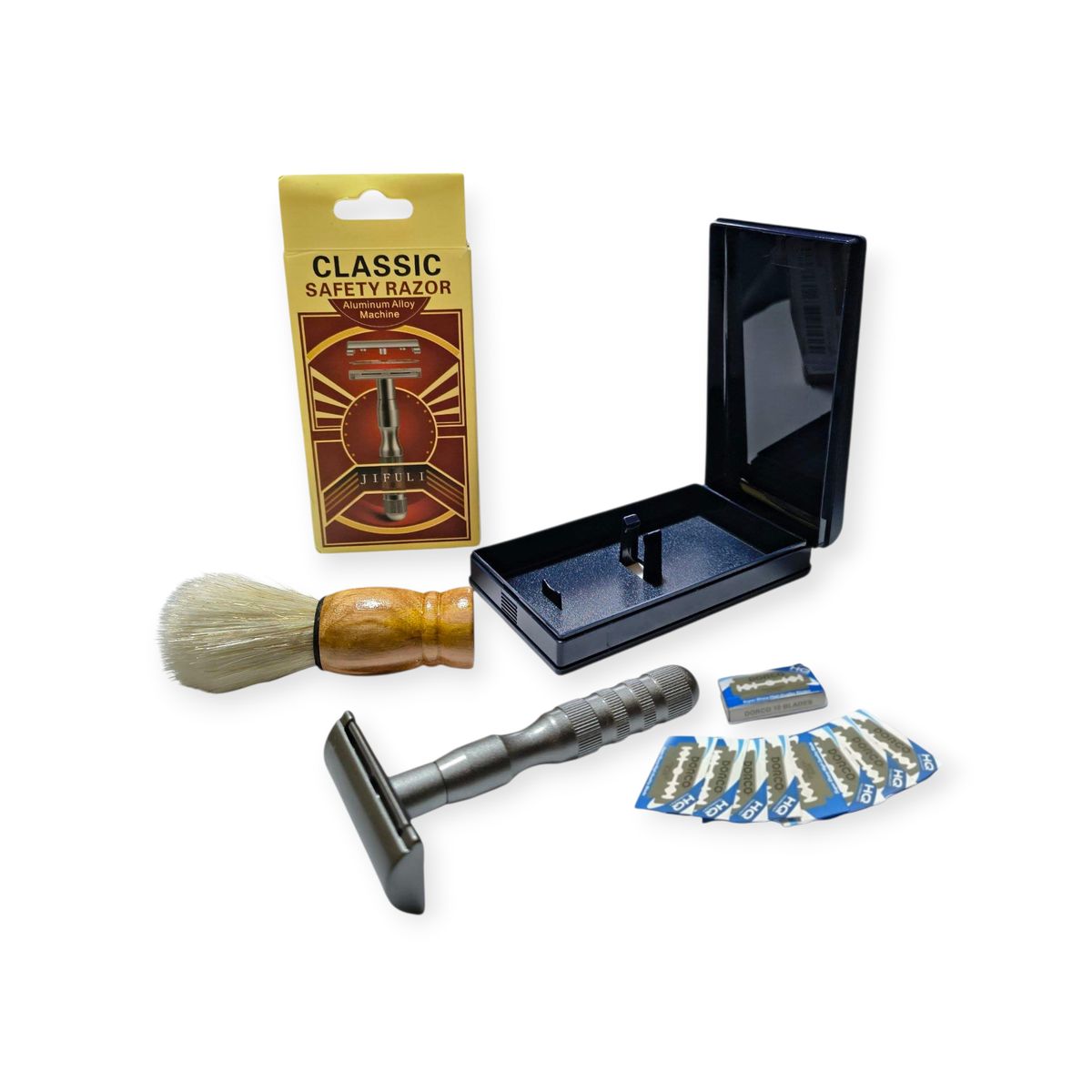 GENERICO - Afeitadora doble filo de aluminio con Brocha Barbera y Repuestos