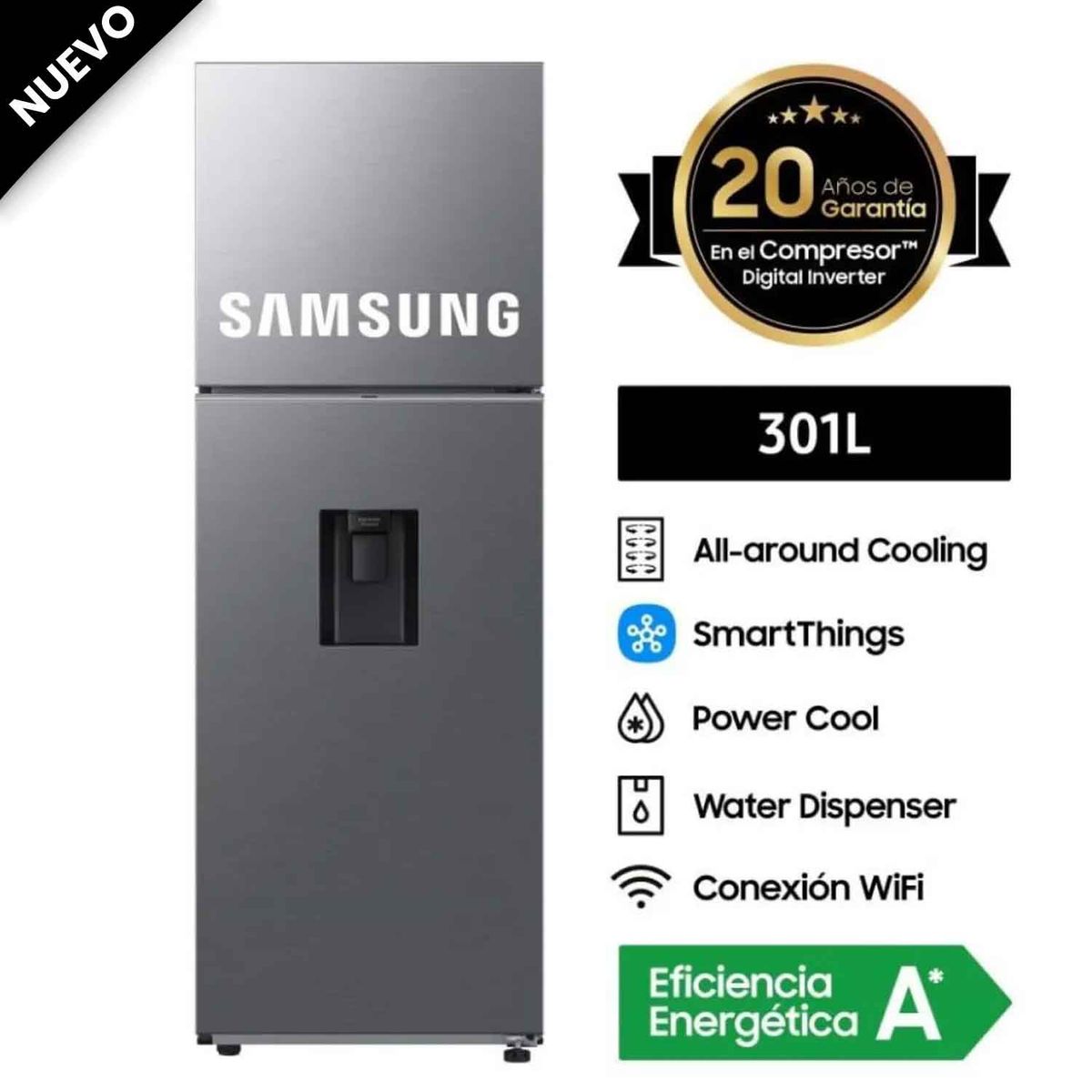 SAMSUNG - Refrigeradora Samsung 301 Litros Top Mount Freezer Silver RT31DG5220S9